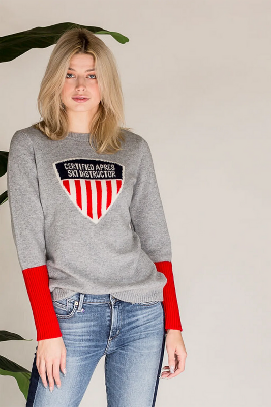 Never a Wallflower Cashmere Après Ski Instructor Crewneck - Grey/Red