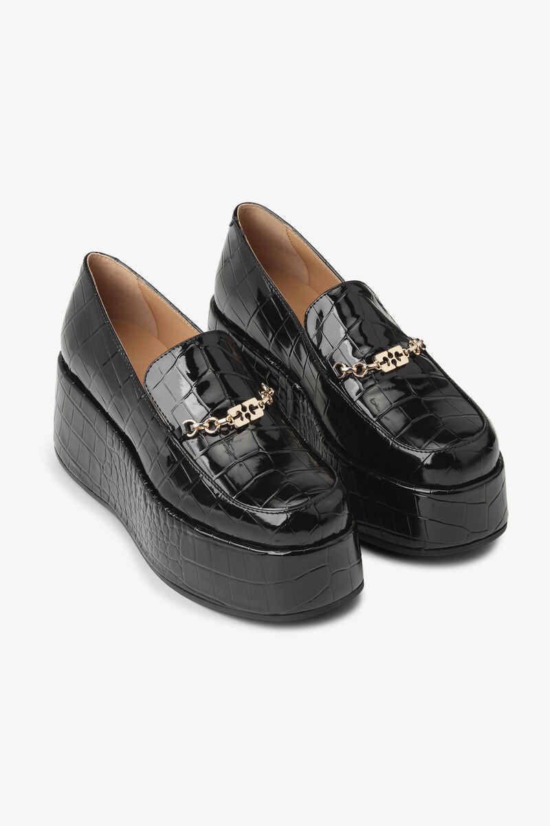 Ganni Butterfly Chain Platform Croco Patent Loafer - Black