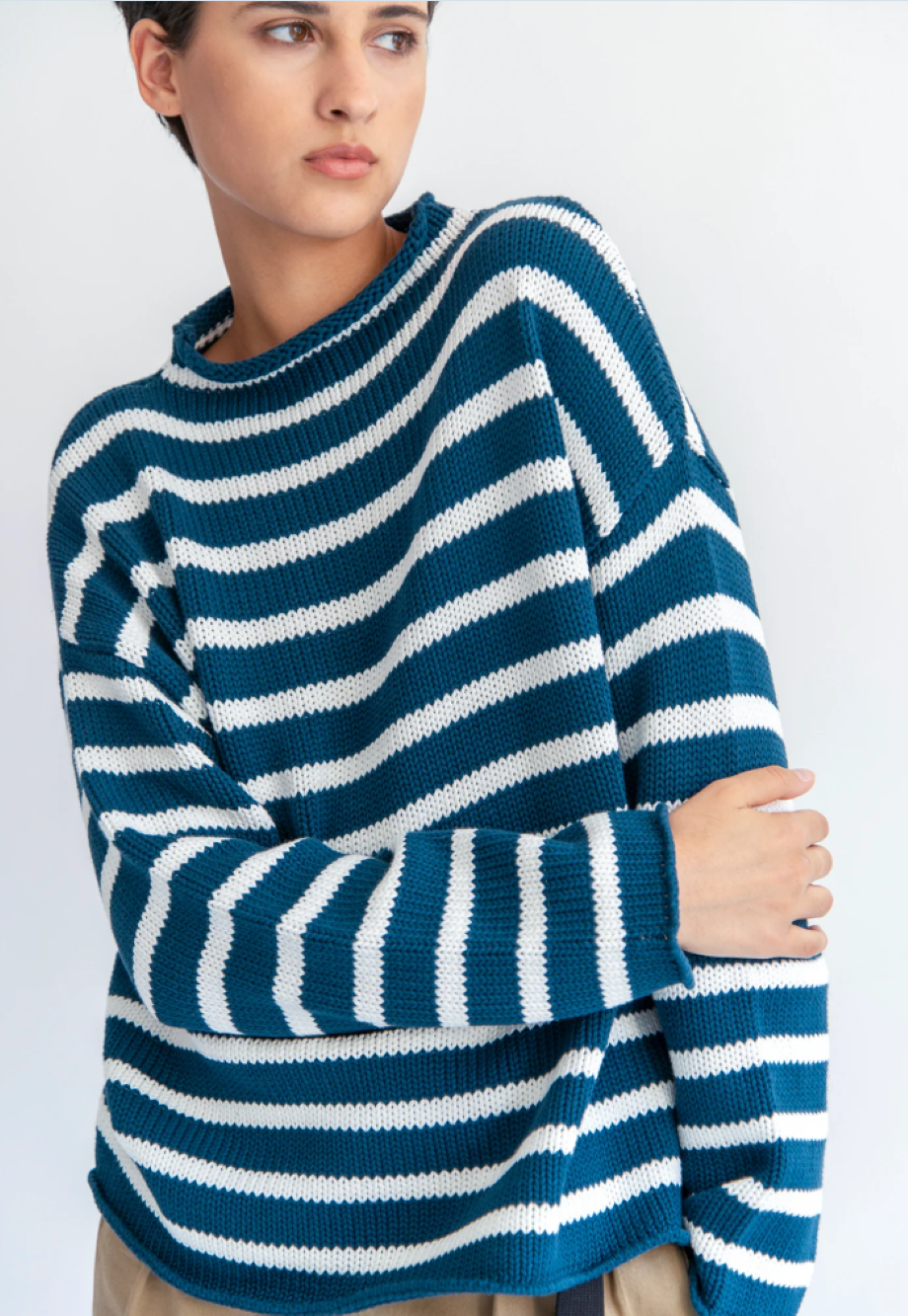 DemyLee Lamis Striped Cotton Sweater - Ocean Blue/Off White