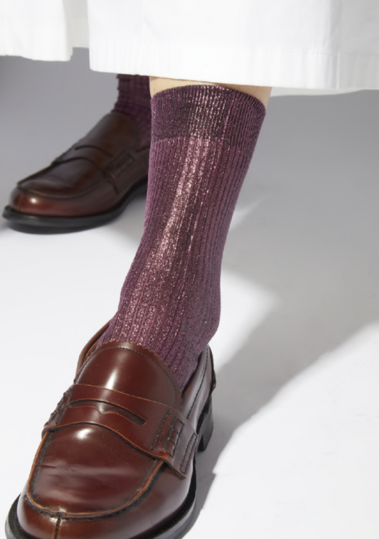 Maria la Rosa One Rib Laminated Metallic Sock - Bordeaux