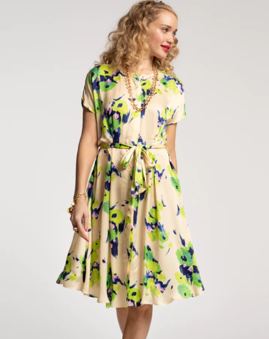 Frances Valentine Anna Slope Arm Dress Tuileries - Oyster/Green