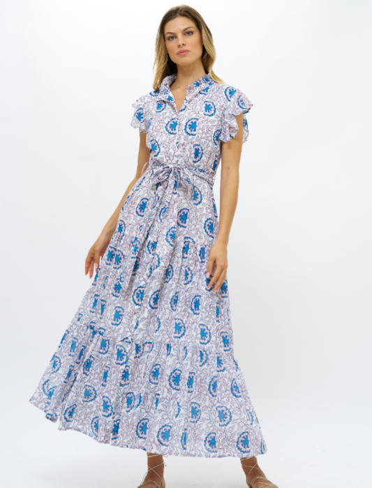 Oliphant Ruffle Collar Button Maxi - Malta Blue