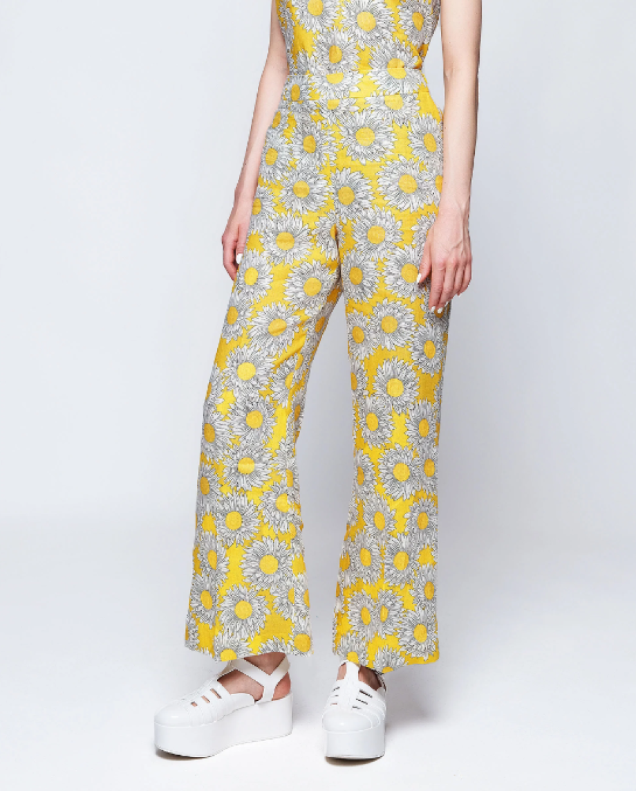 Mirto Floral Print Linen Trousers - Yellow