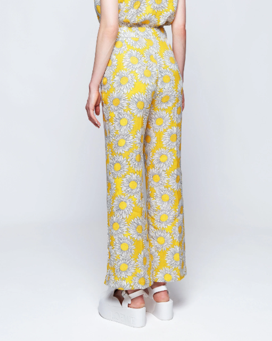 Mirto Floral Print Linen Trousers - Yellow