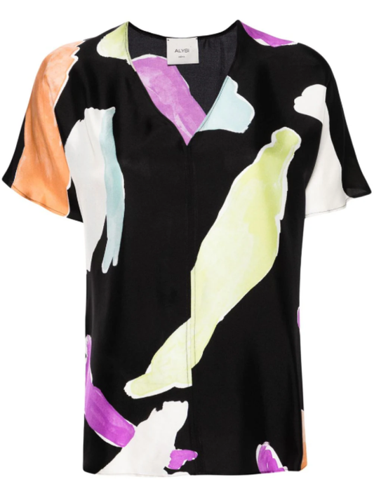 Alysi V-Neck Abstract Print Silk Top - Black Clouds