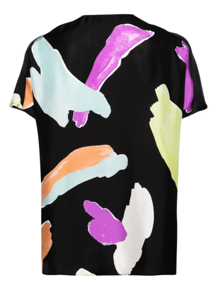 Alysi V-Neck Abstract Print Silk Top - Black Clouds