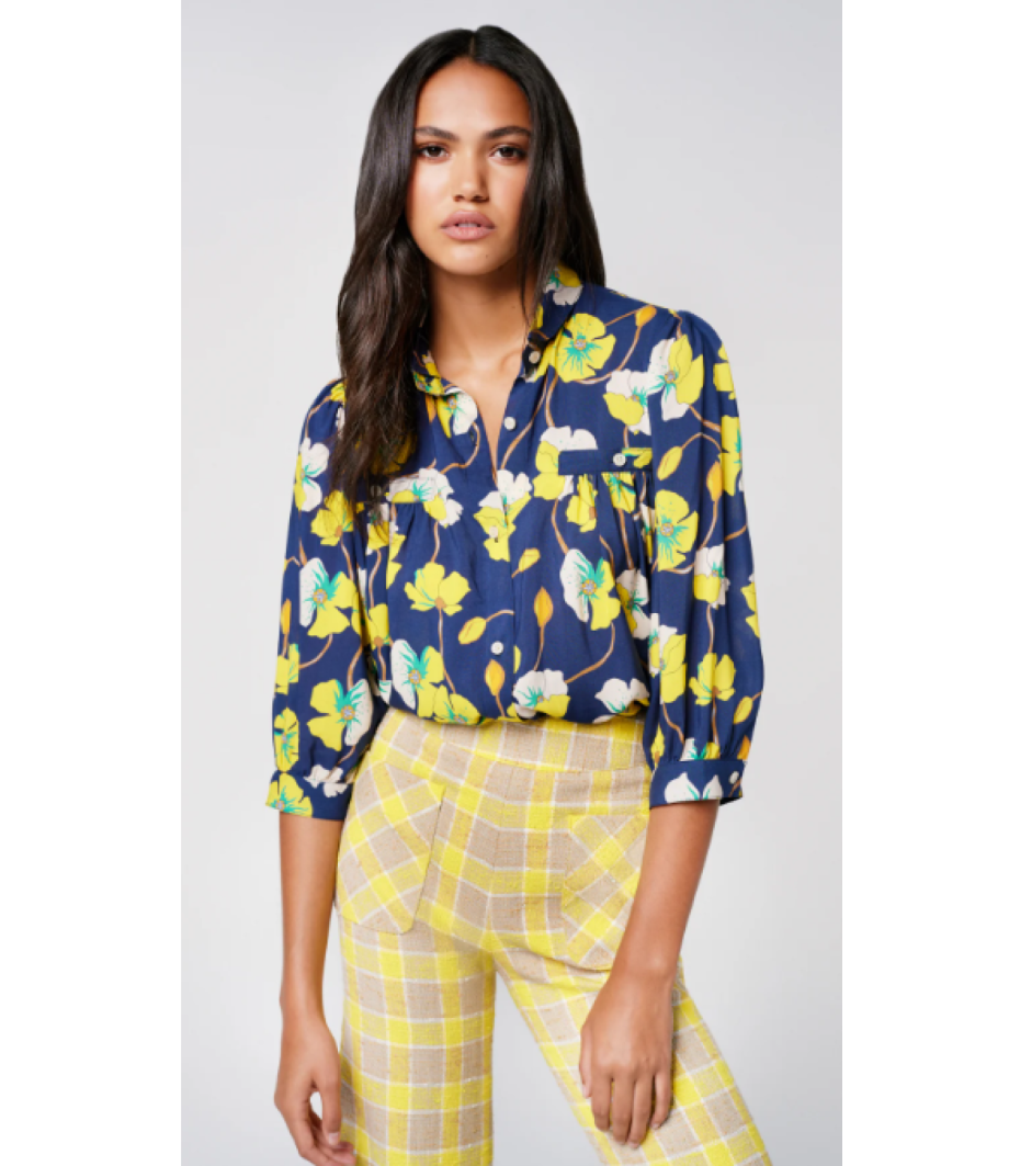 Smythe Shirred Pocket Blouse - Navy Buttercup