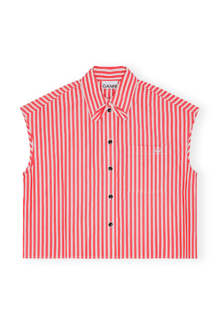 Ganni Stripe Cotton Tie Collar Shirt - Barbados Cherry