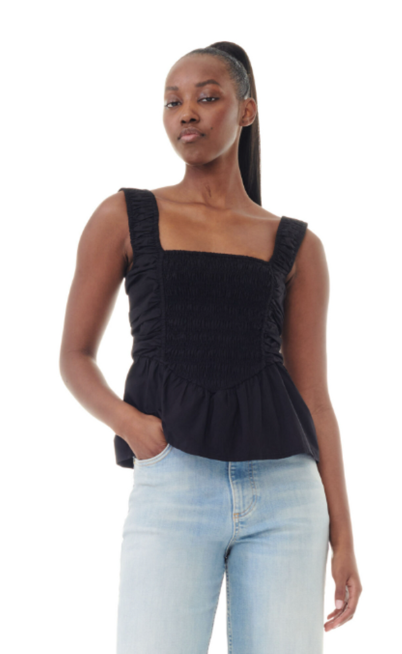 Ganni Cotton Poplin Smock Strap Blouse - Black