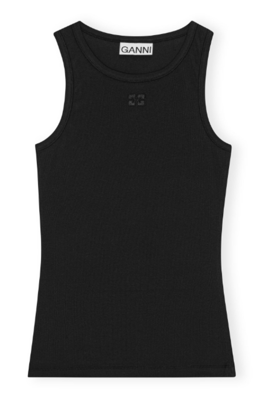 Ganni Soft Cotton Rib Tank Top - Black