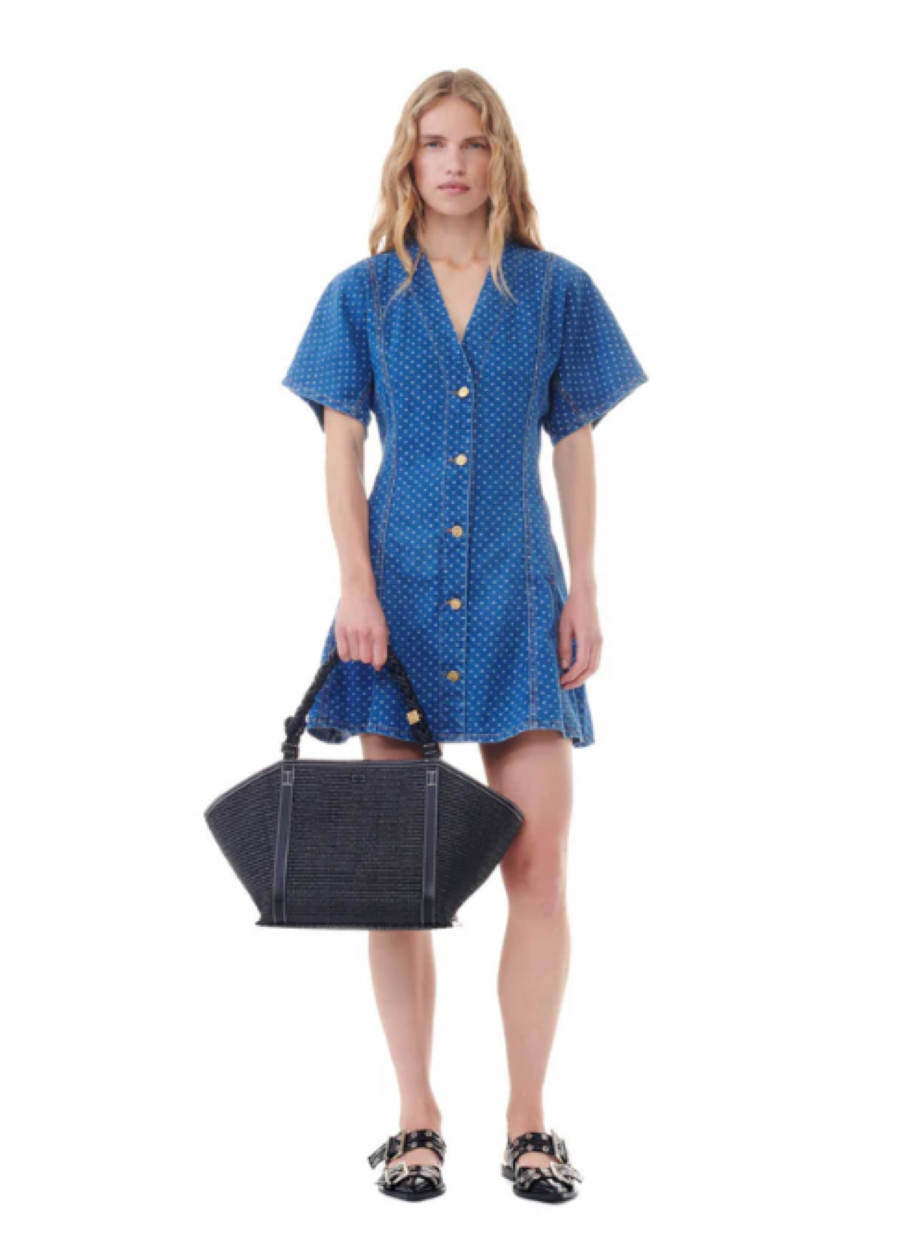 Ganni Light Jacquard Denim Mini Dress - Mid Blue Stone