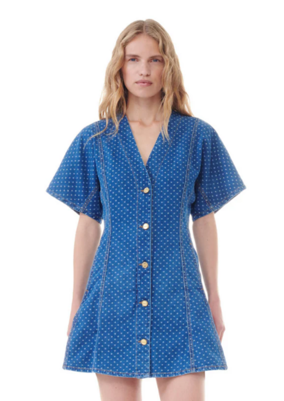 Ganni Light Jacquard Denim Mini Dress - Mid Blue Stone