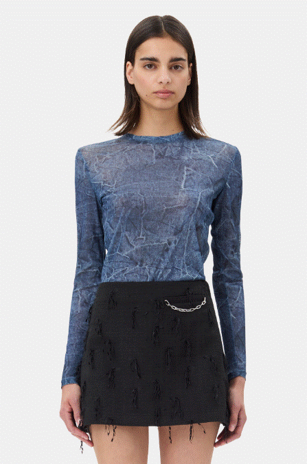 Ganni Printed Mesh Long Sleeve Crew Neck Top - Denim Blue