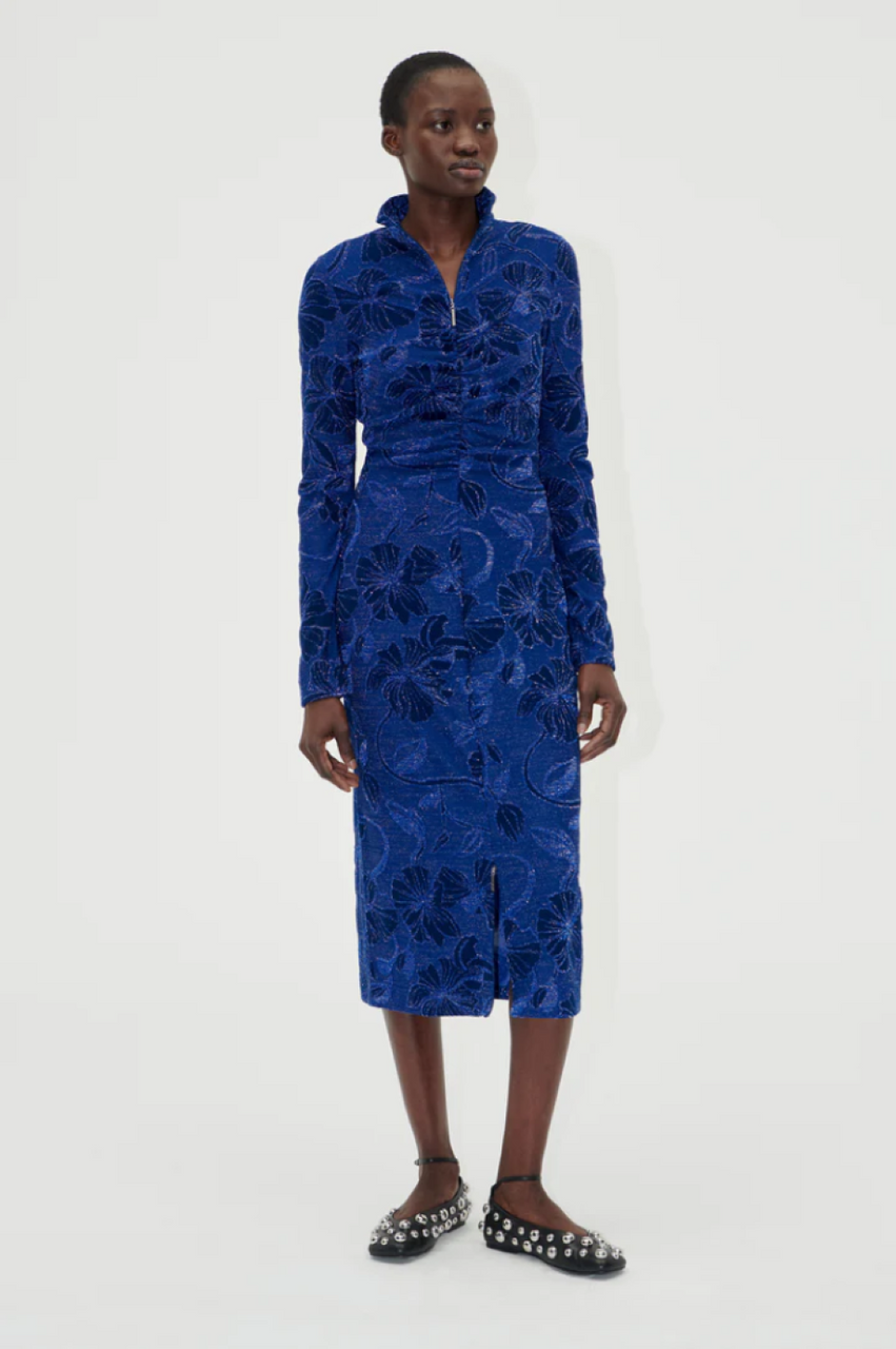 Stine Goya Gathered Long Sleeve Midi Dress - Blue