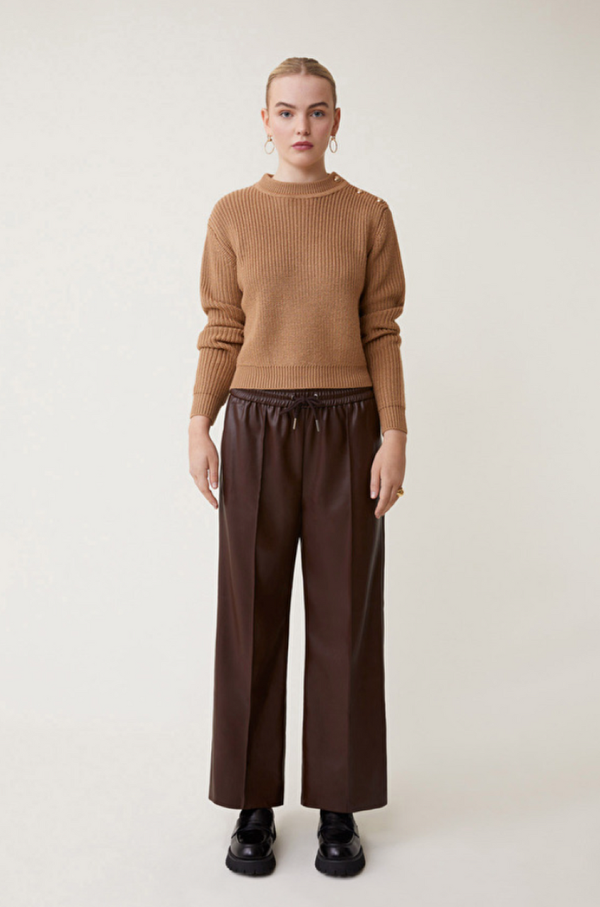 Suncoo Johan Faux Leather Wide Leg Pants - Chocolate