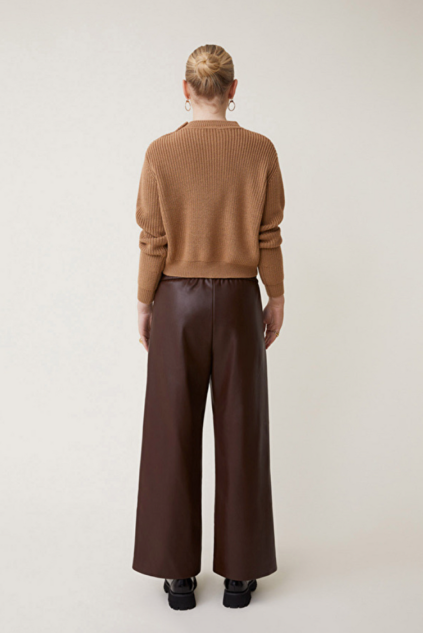 Suncoo Johan Faux Leather Wide Leg Pants - Chocolate