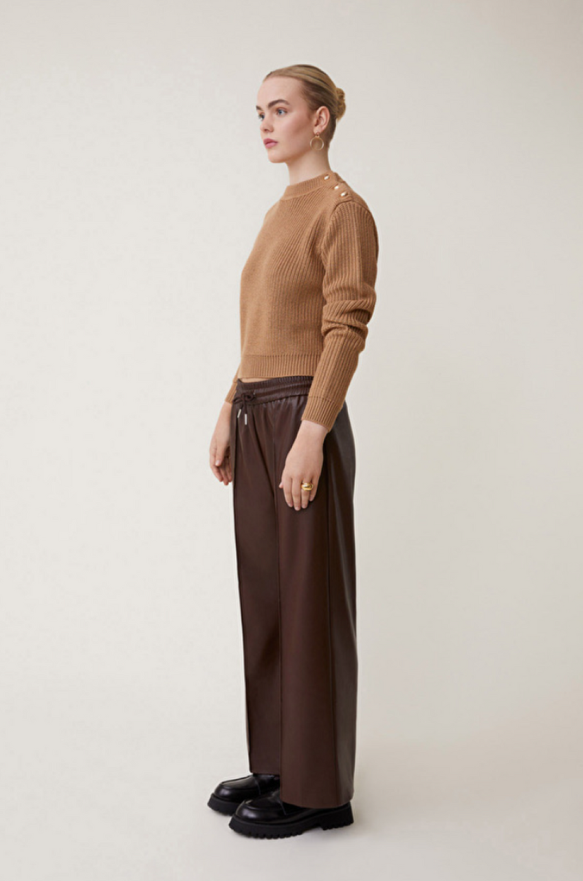 Suncoo Johan Faux Leather Wide Leg Pants - Chocolate