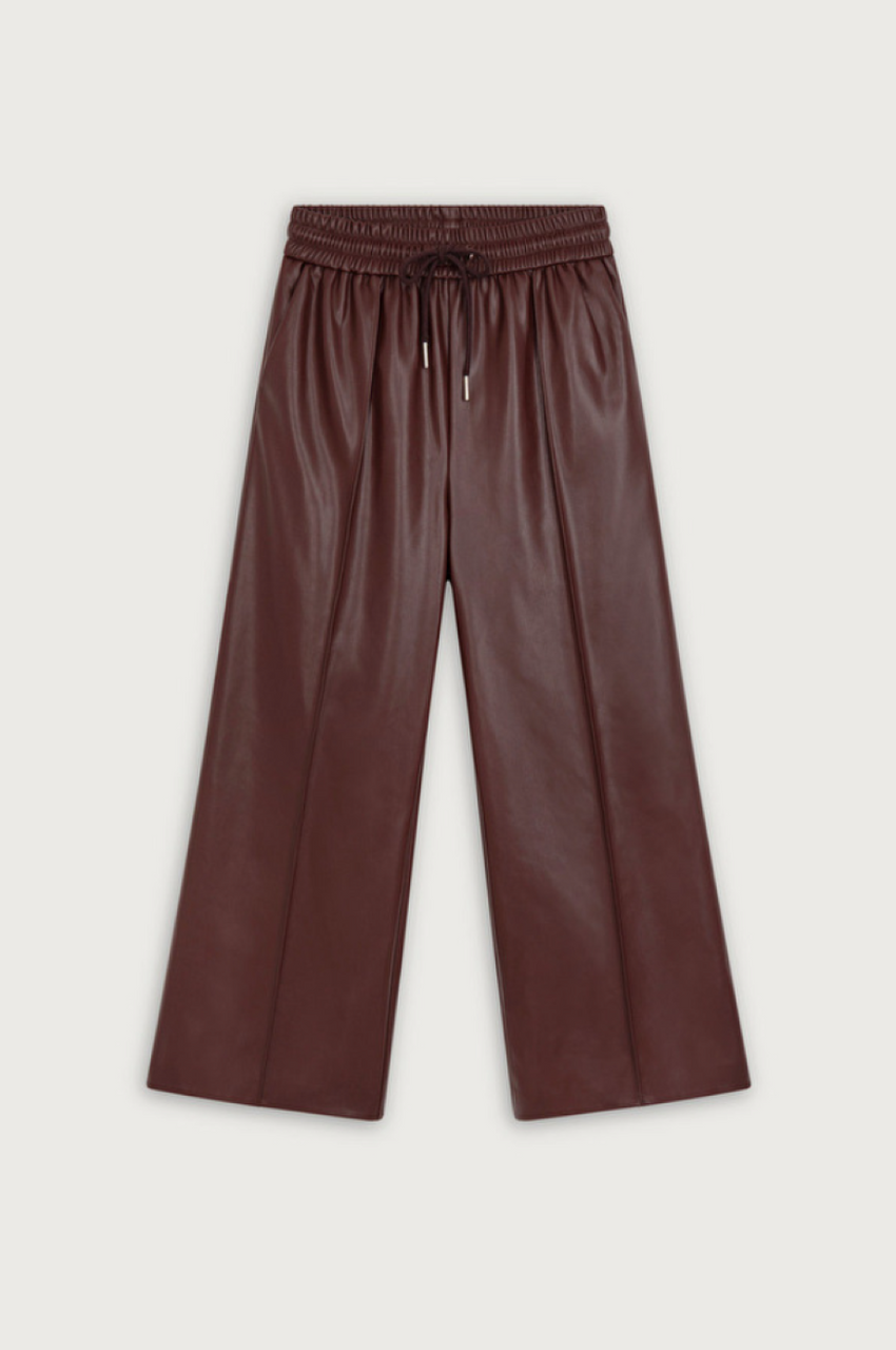 Suncoo Johan Faux Leather Wide Leg Pants - Chocolate