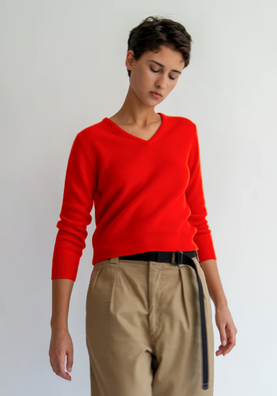 DemyLee Lia Cashmere V-Neck Sweater - Red Orange