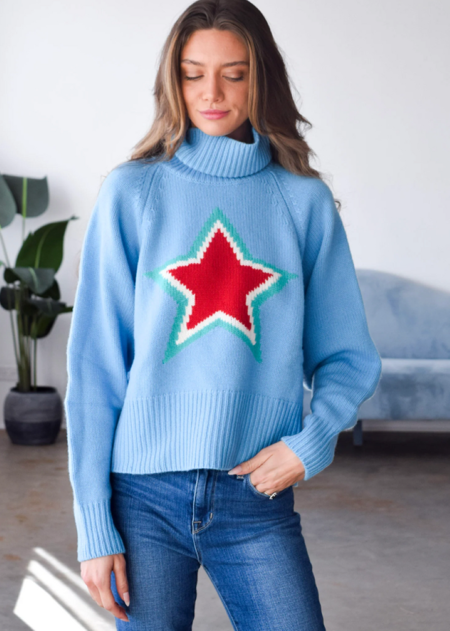 Never a Wallflower Echo Star Cashmere Turtleneck - Blue